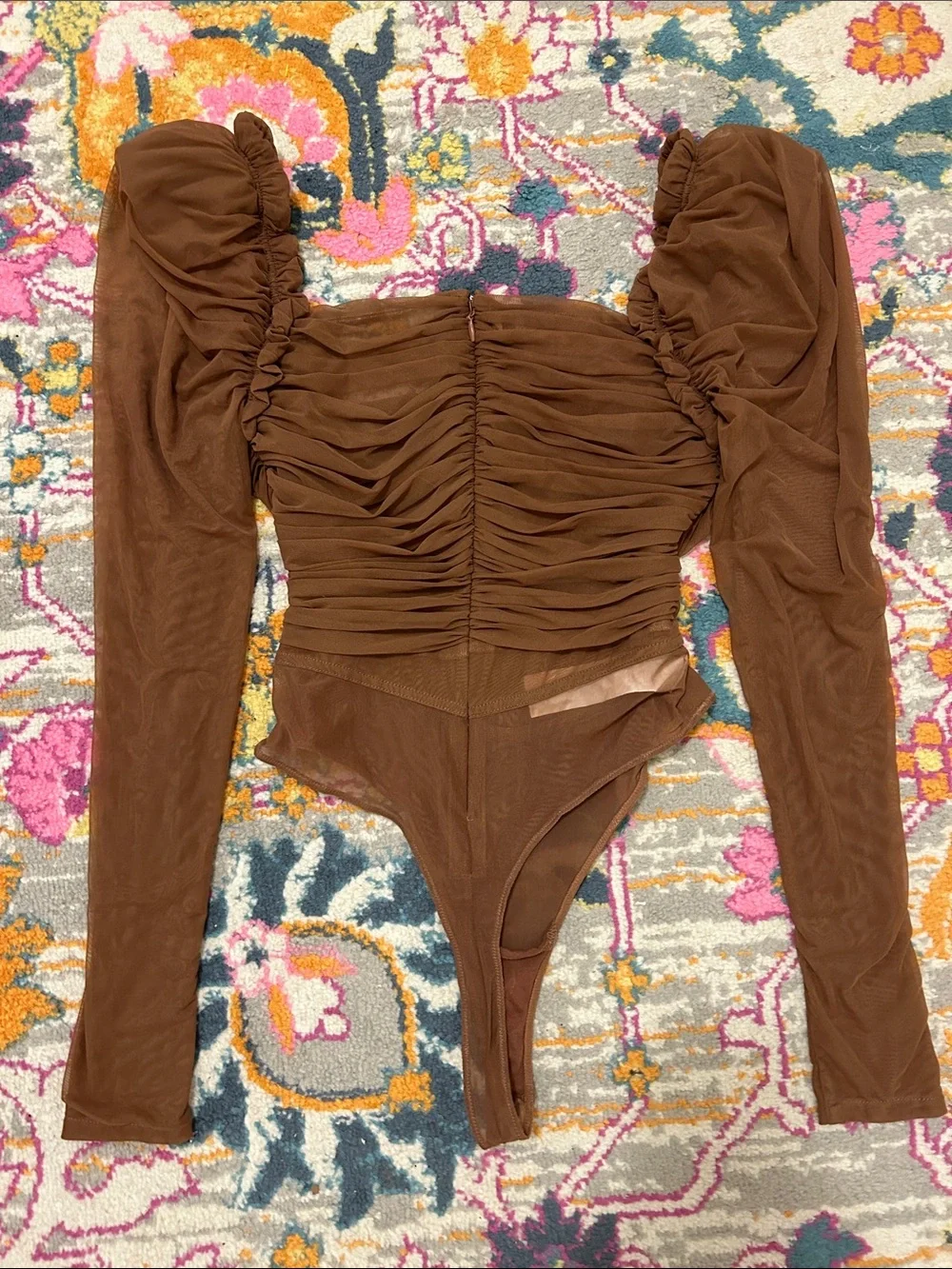 House Of CB Emme Mocha Ruched Chiffon Puff Sleeve Bodysuit Top Size Large
